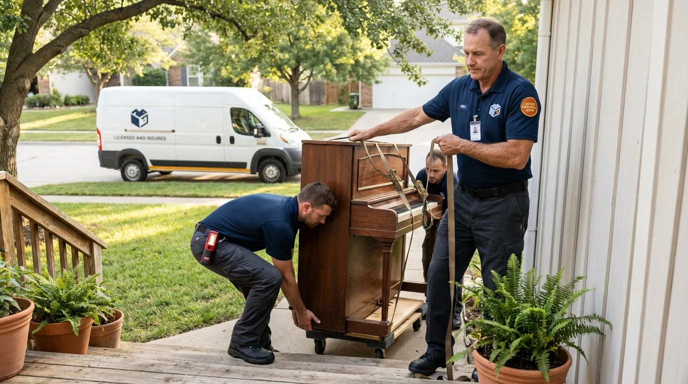 Licensed piano movers securing grand piano in Waldo, FL